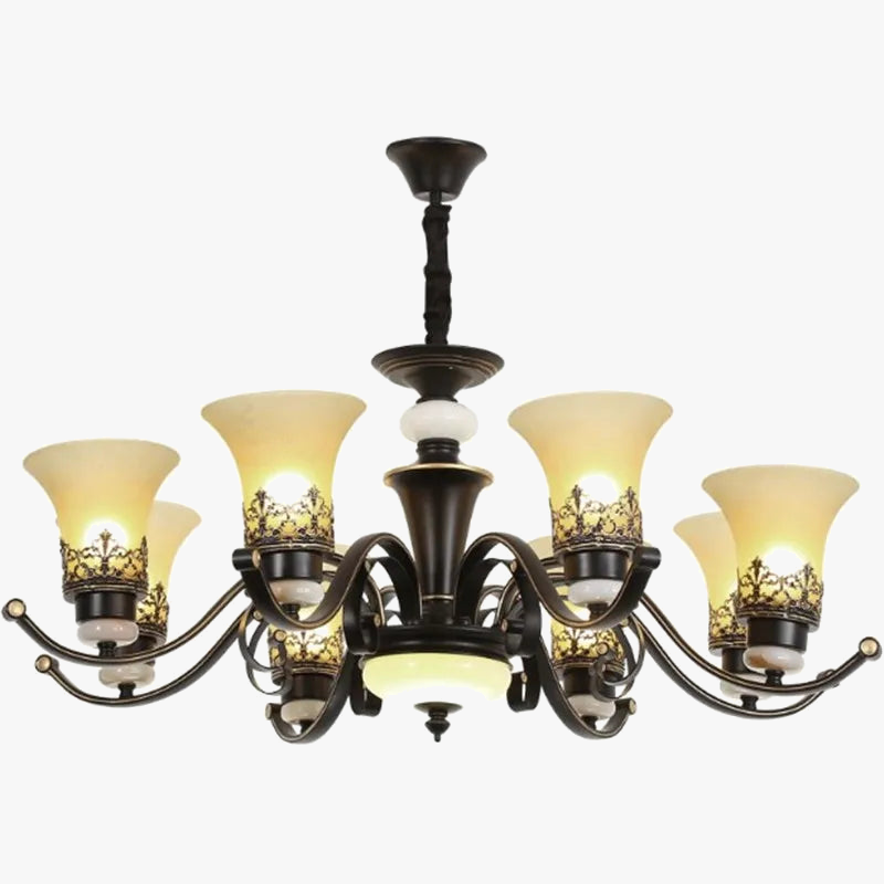 lustre vintage en métal noir avec abat-jour en verre dépoli