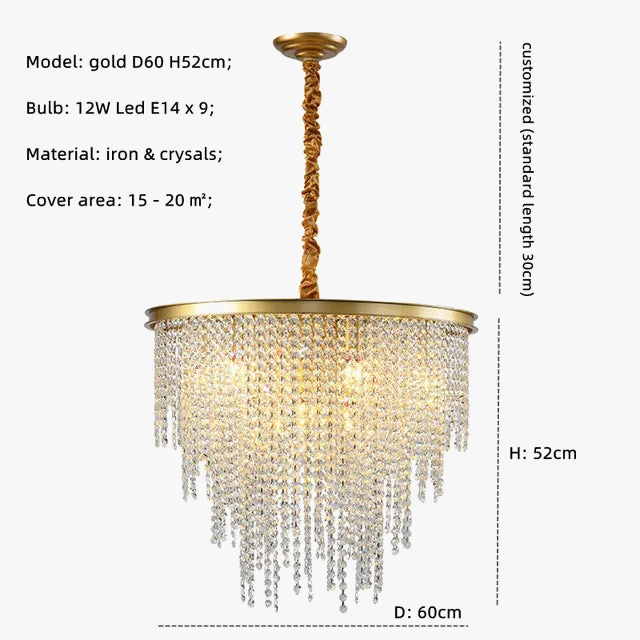 Lustre en cristal Luxe moderne LED chaîne de fronde or