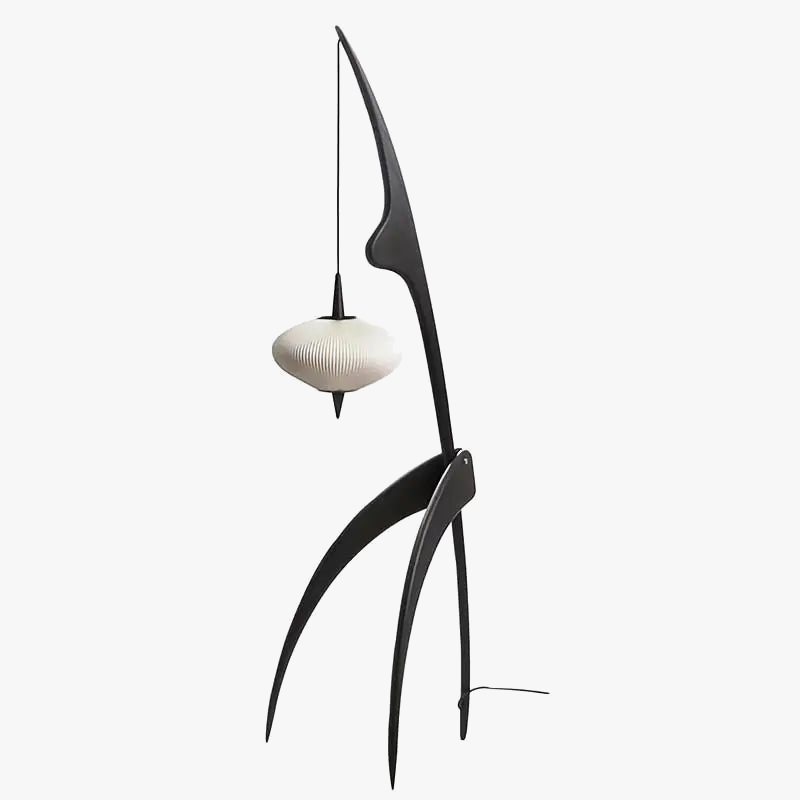 lampadaire design en bois noyer avec lampe suspendue