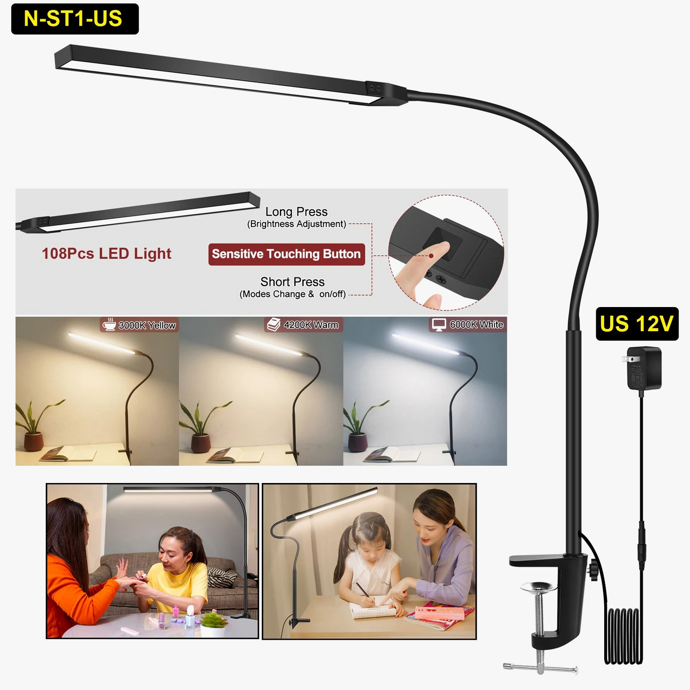 NEWACALOX pince de bureau barre d'écran suspension lumière 360 ° rotatif pliant bras Flexible Support 108 pièces LED SMD Protection des yeux lampe de bureau