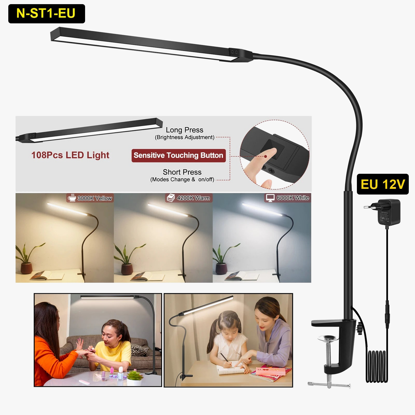 NEWACALOX pince de bureau barre d'écran suspension lumière 360 ° rotatif pliant bras Flexible Support 108 pièces LED SMD Protection des yeux lampe de bureau