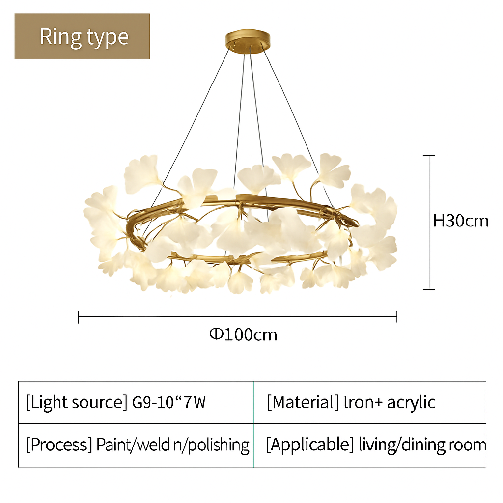 Nordique feuille de gingko LED lustre moderne cuisine salon chambre salle à manger rond intérieur loft plafond suspension