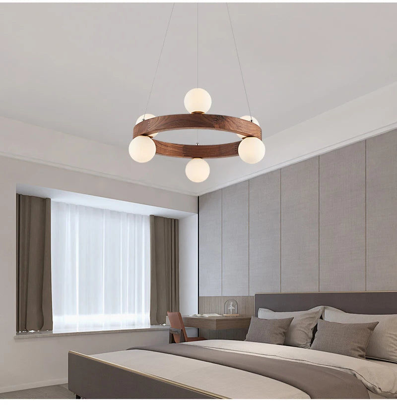 Nordique rond en bois anneau lustres salon rondin suspension lampe salle à manger cuisine chambre japonais créatif noyer suspension lumières