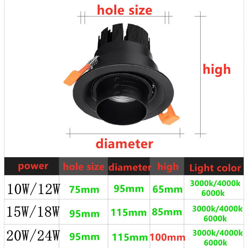 style 	 zoom angle réglable encastré led downlight cob plafonnier