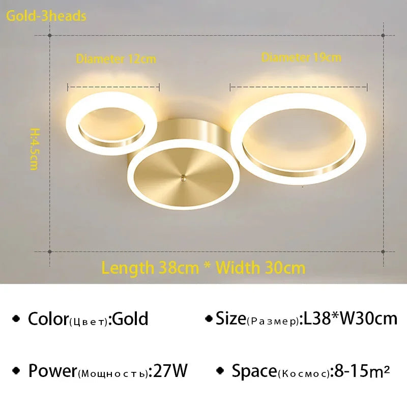 Plafond moderne à LEDs lustre en aluminium Simple plafonnier pour salon chambre salle à manger cercle anneaux plafonnier doré