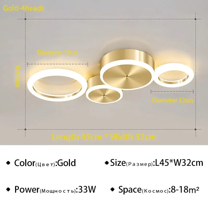 Plafond moderne à LEDs lustre en aluminium Simple plafonnier pour salon chambre salle à manger cercle anneaux plafonnier doré