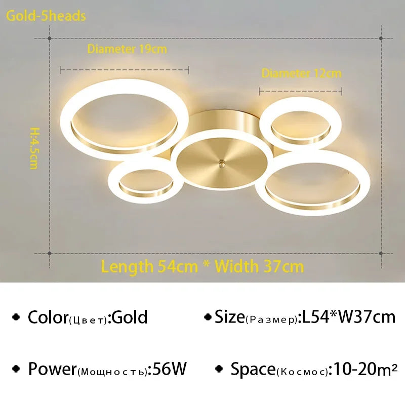 Plafond moderne à LEDs lustre en aluminium Simple plafonnier pour salon chambre salle à manger cercle anneaux plafonnier doré