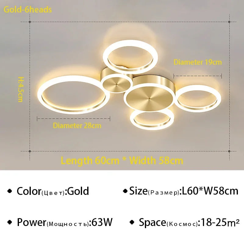 Plafond moderne à LEDs lustre en aluminium Simple plafonnier pour salon chambre salle à manger cercle anneaux plafonnier doré