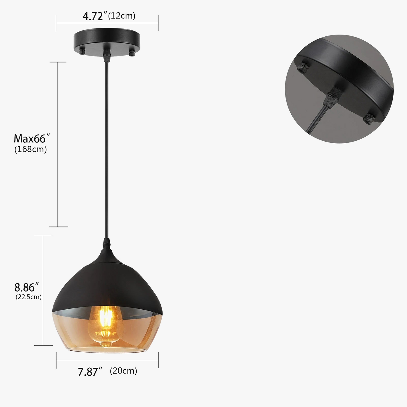 plafonnier américain en verre transparent et métal noir décoratif