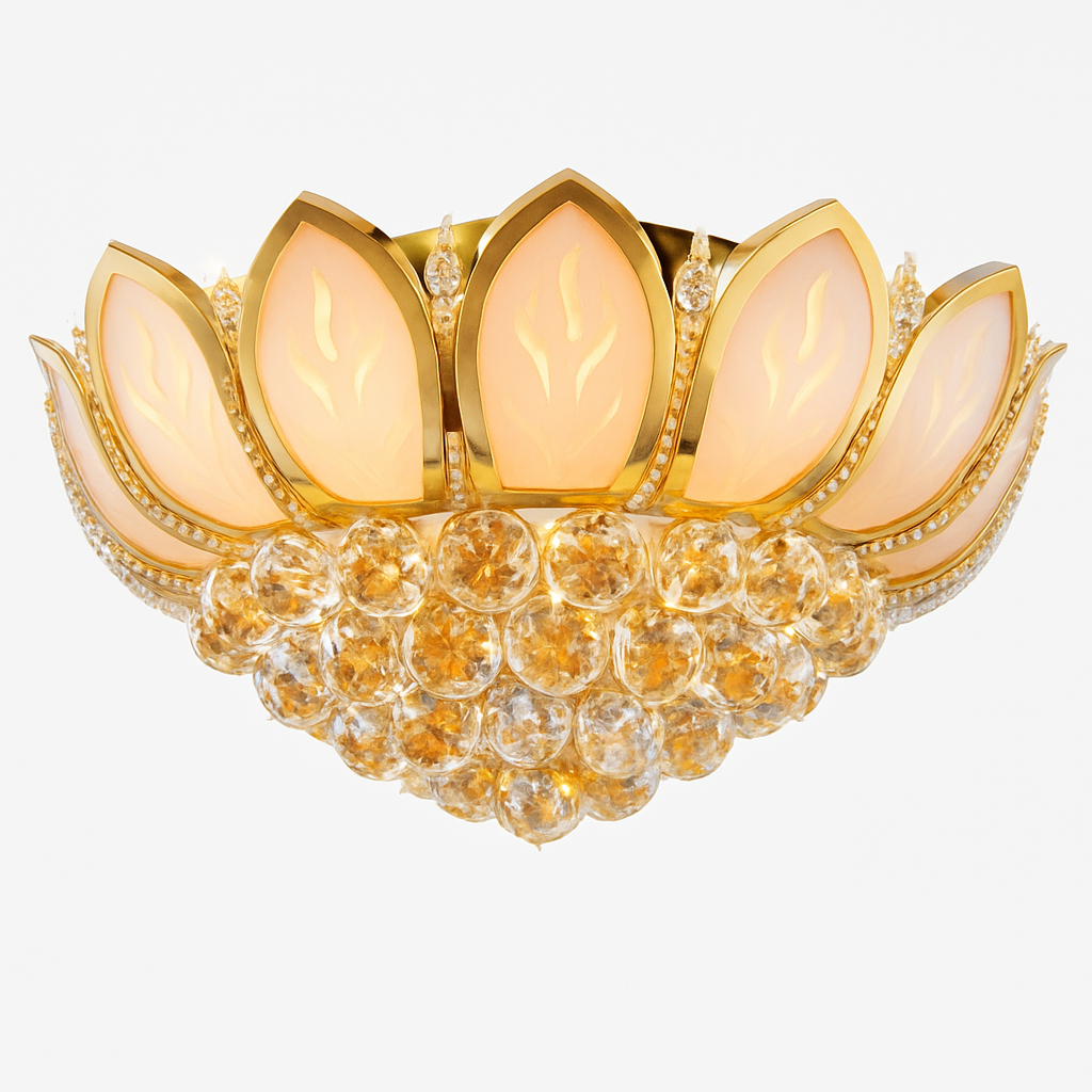 Plafonnier antique doré en verre et cristal Lotus Flower