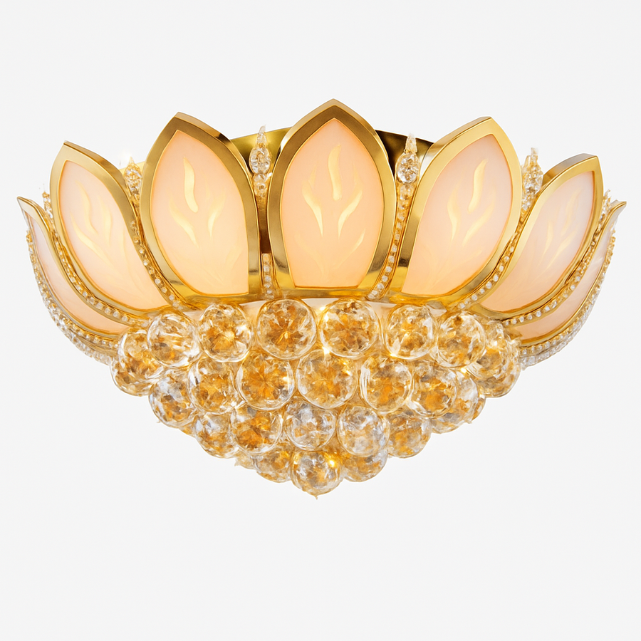 Plafonnier antique doré en verre et cristal Lotus Flower
