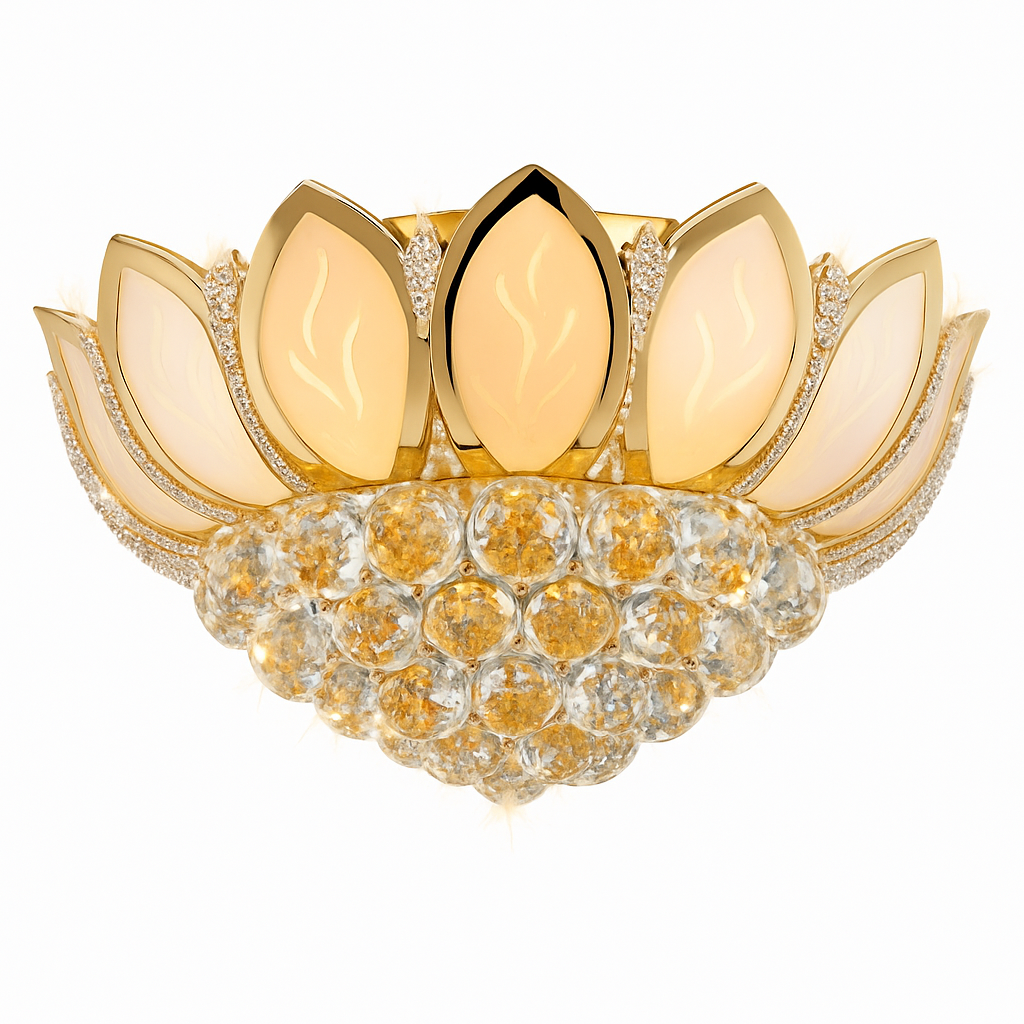 Plafonnier antique doré en verre et cristal Lotus Flower
