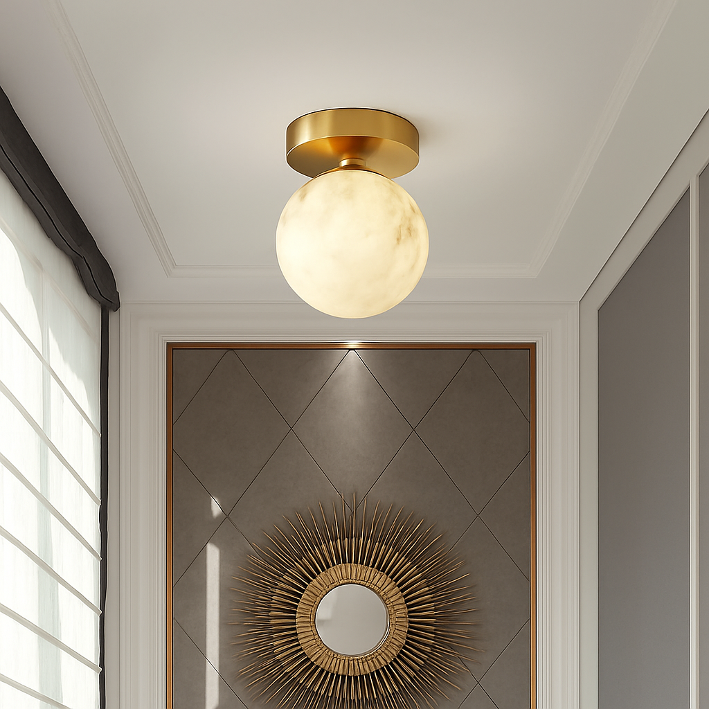 Plafonnier Boule de marbre lumière d'entrée Led luxe en laiton doré petit carré toilettes chambre balcon allée Luminaire