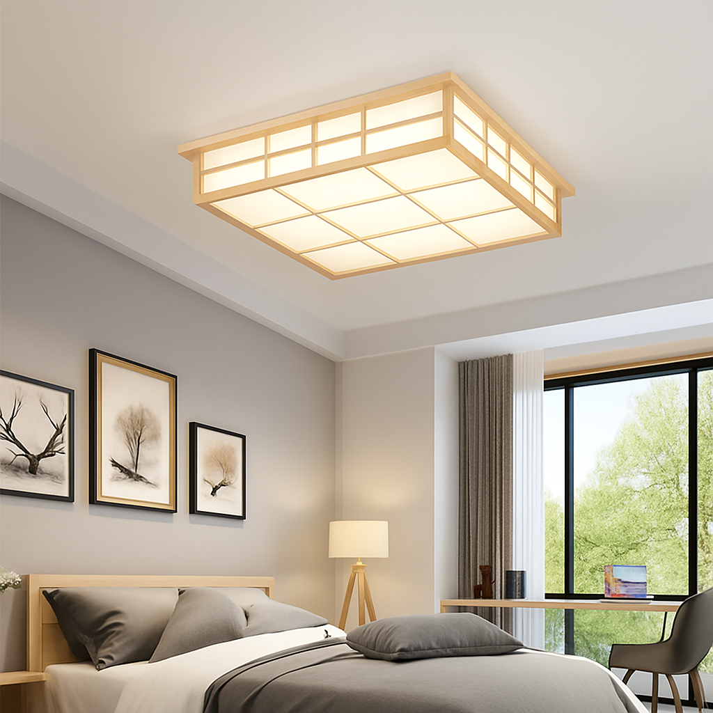 plafonnier carré en bois japonais led pour cuisine restaurant