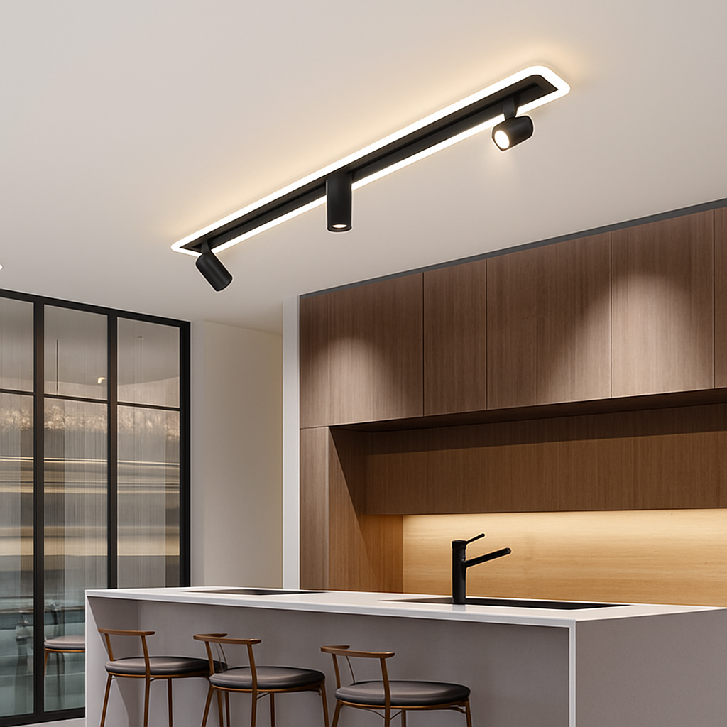 Plafonnier design moderne LED en métal noir avec plusieurs spots lumineux