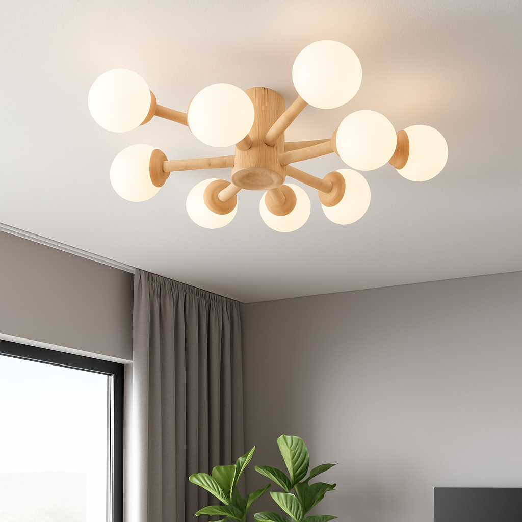 plafonnier en bois avec abat-jour boule de verre design moderne