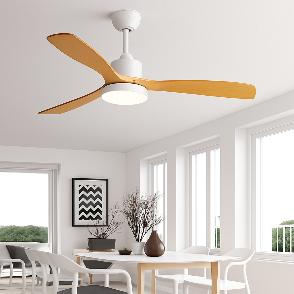 plafonnier en bois avec ventilateur télécommande et lumière intégrée