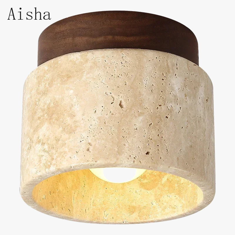 plafonnier en pierre japonaise avec base en noyer