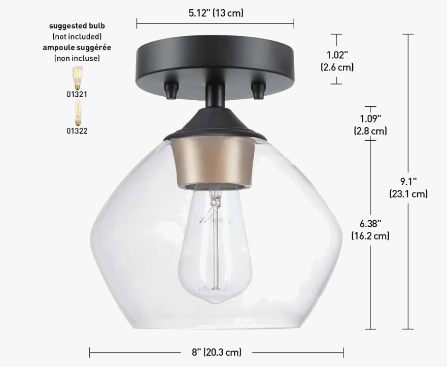plafonnier en verre transparent et métal noir pour décoration intérieure