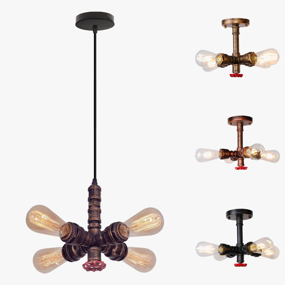 plafonnier industriel rétro à 4 lumières en tuyau d'eau décoratif