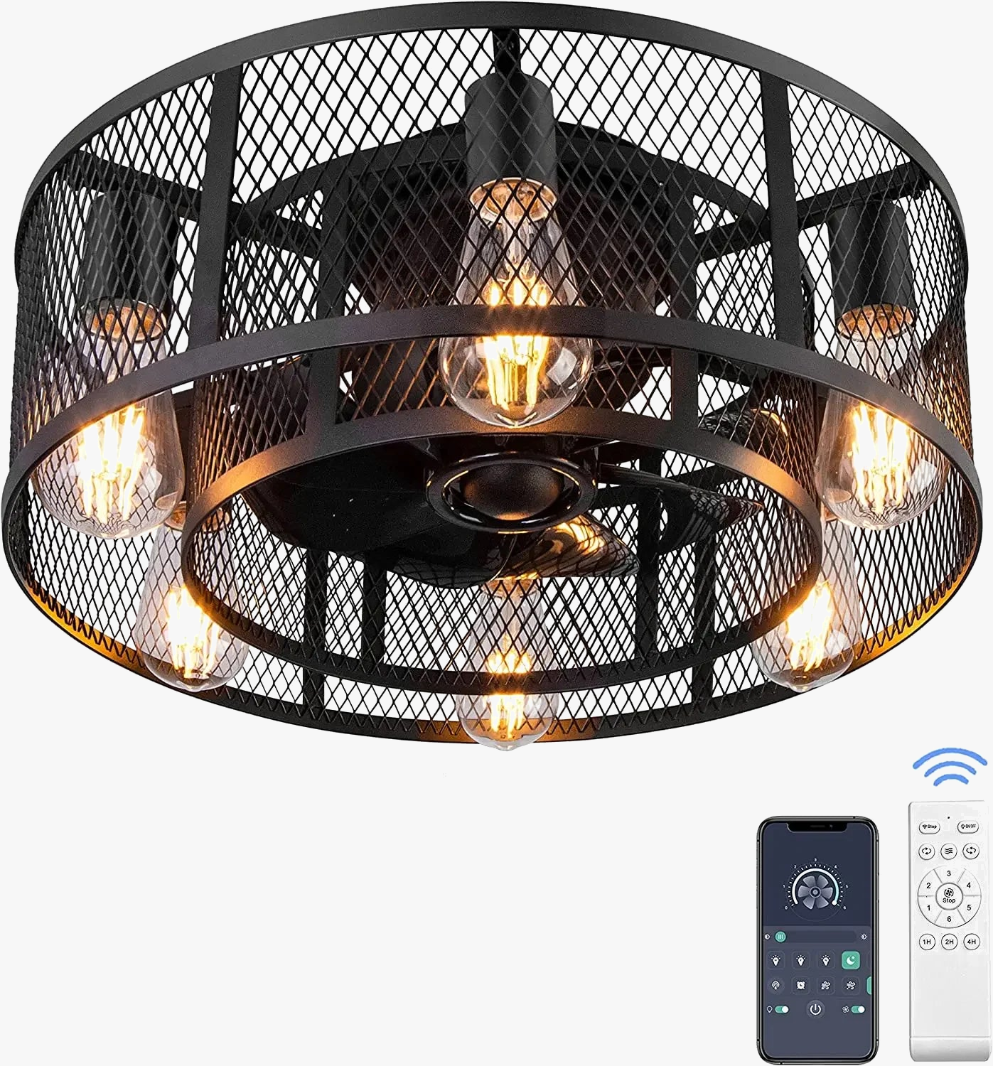 plafonnier industriel sans pales avec lumière et télécommande