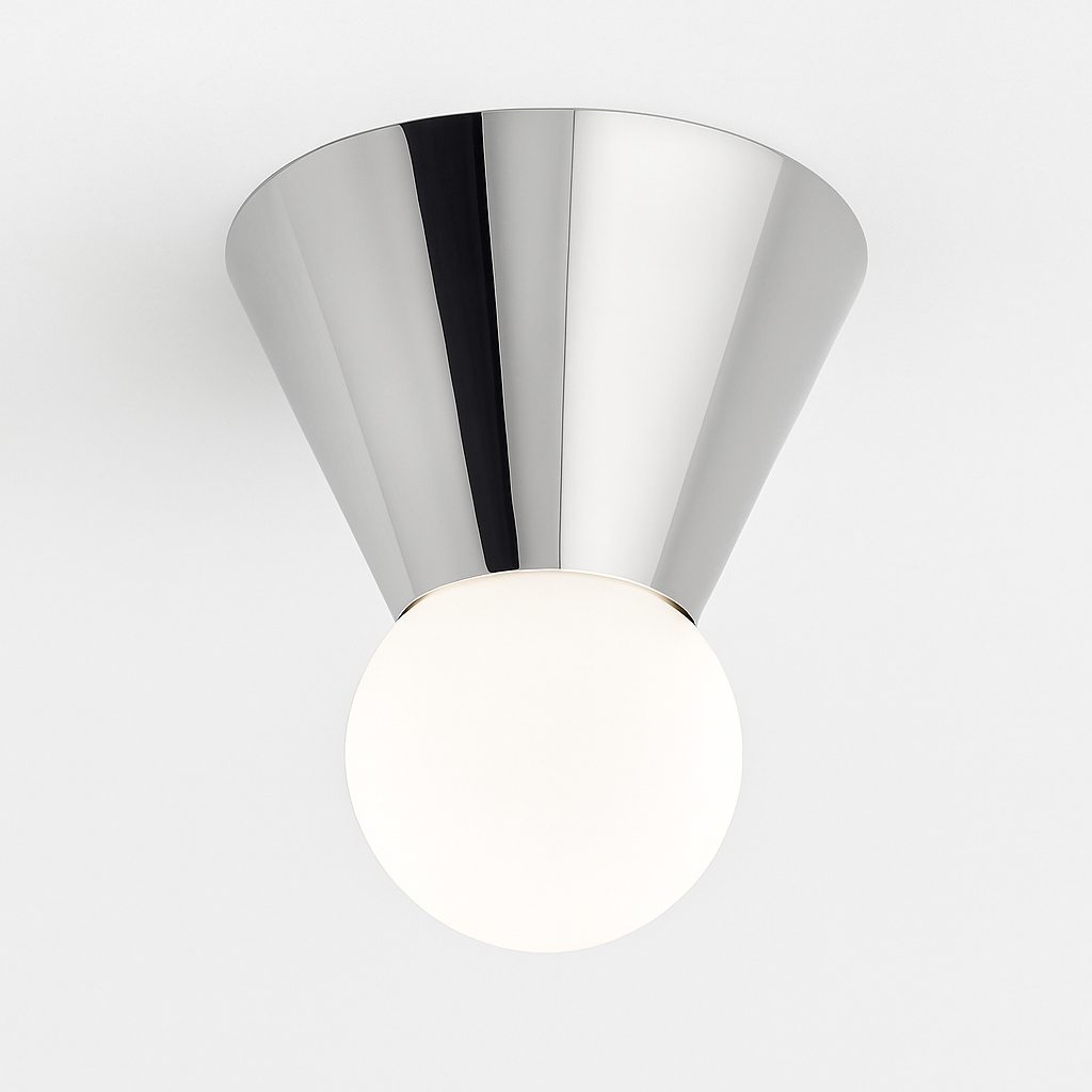 Plafonnier LED cône chromé et boule en verre