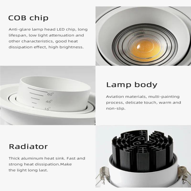 plafonnier led cob encastré avec angle de faisceau réglable
