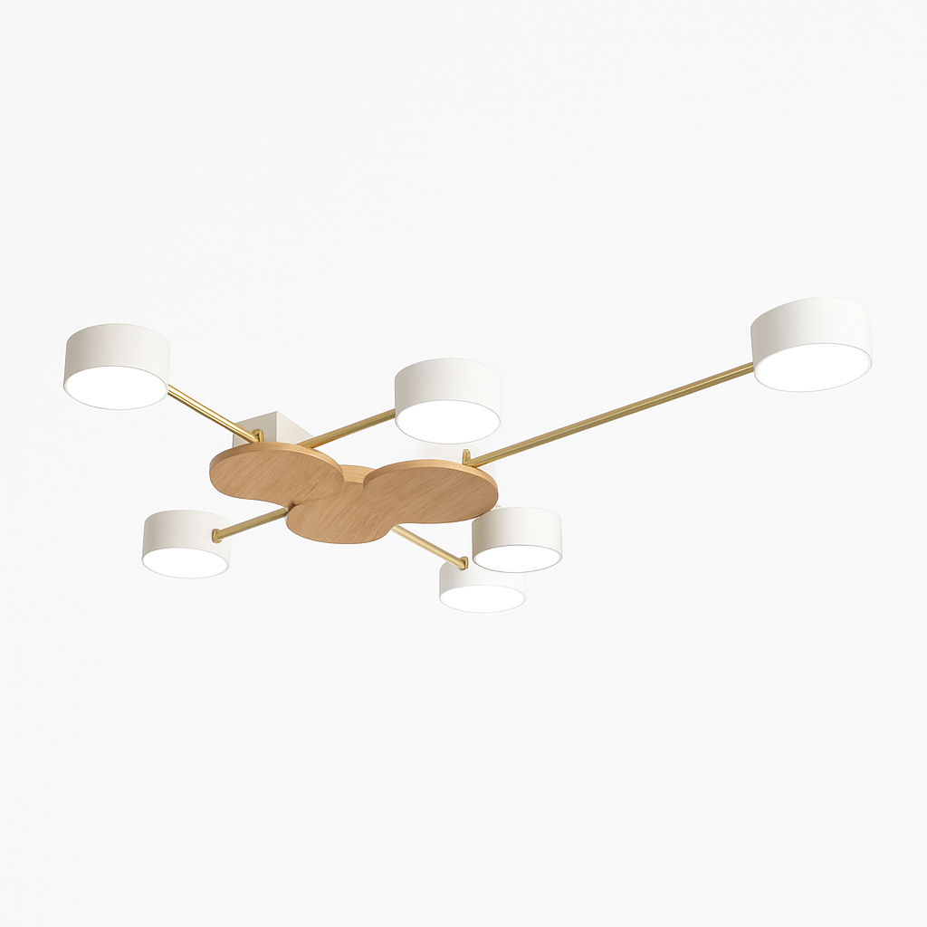 Plafonnier LED design en métal et bois avec plusieurs lampes rondes Aibiou