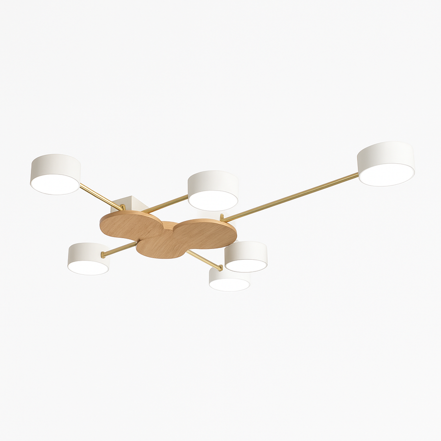 Plafonnier LED design en métal et bois avec plusieurs lampes rondes Aibiou