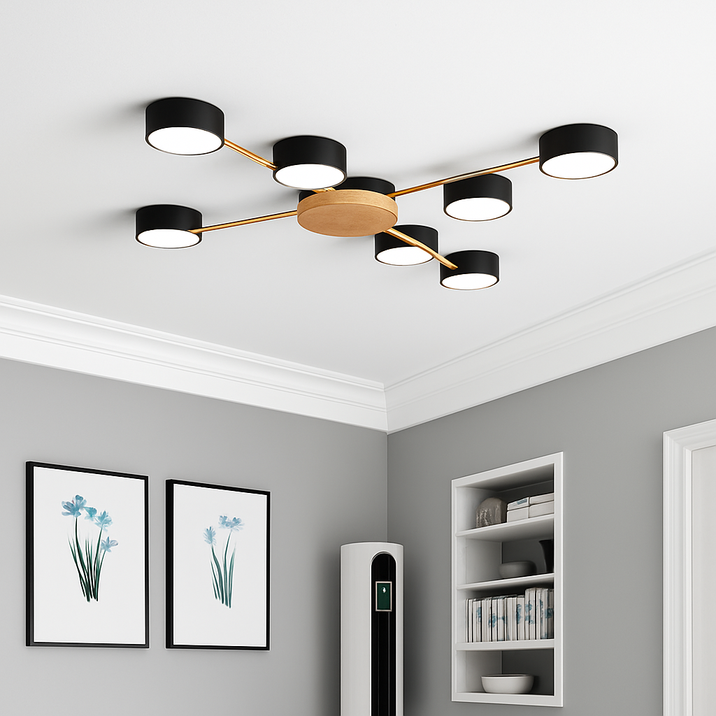 Plafonnier LED design en métal et bois avec plusieurs lampes rondes Aibiou