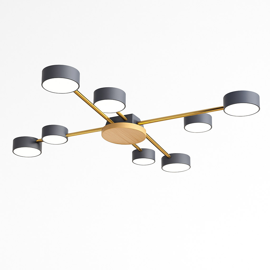 Plafonnier LED design en métal et bois avec plusieurs lampes rondes Aibiou