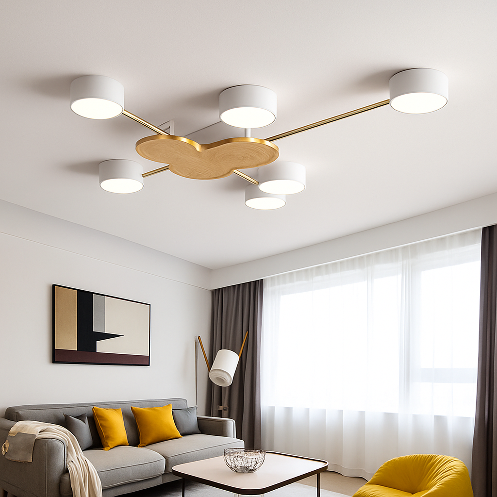 Plafonnier LED design en métal et bois avec plusieurs lampes rondes Aibiou