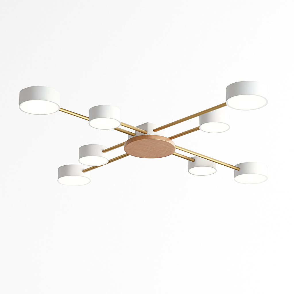 Plafonnier LED design en métal et bois avec plusieurs lampes rondes Aibiou