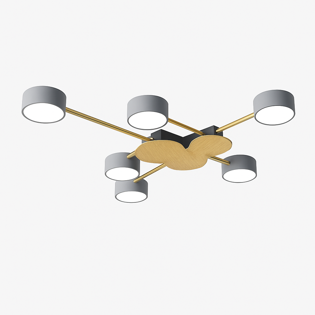 Plafonnier LED design en métal et bois avec plusieurs lampes rondes Aibiou