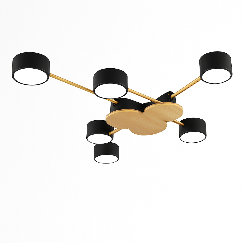 Plafonnier LED design en métal et bois avec plusieurs lampes rondes Aibiou