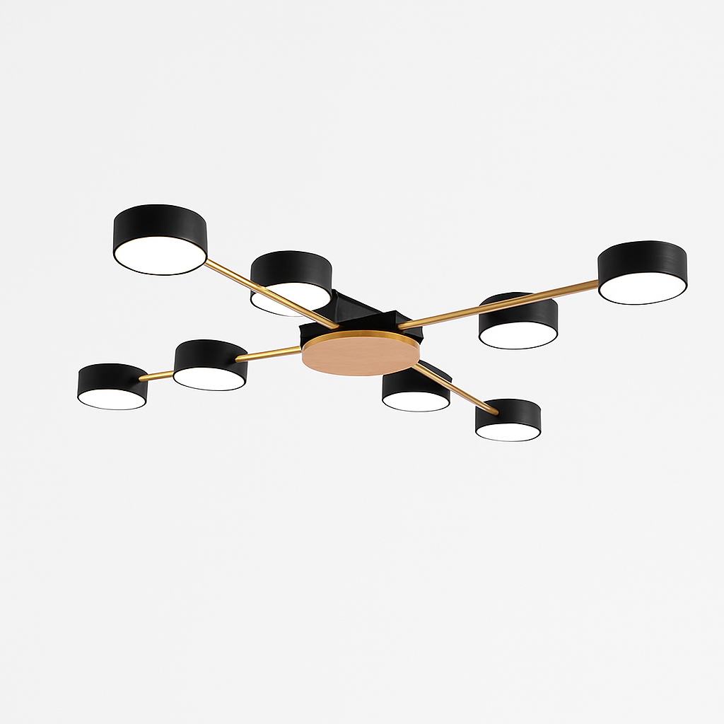 Plafonnier LED design en métal et bois avec plusieurs lampes rondes Aibiou