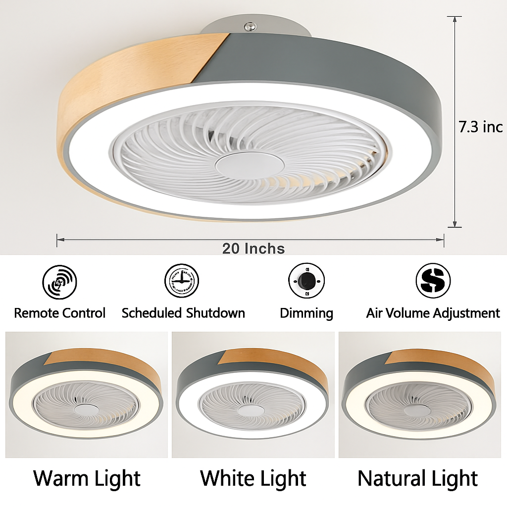 plafonnier led en bois avec ventilateur et télécommande design moderne