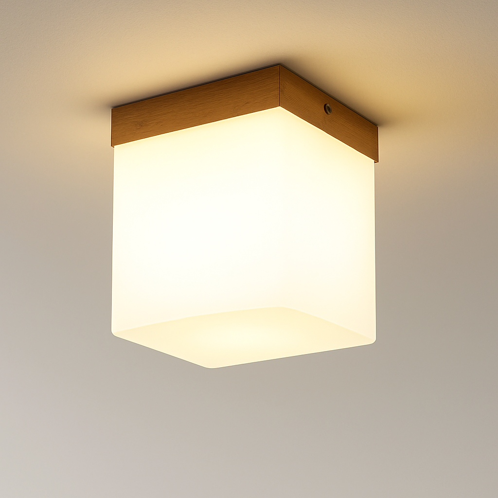plafonnier led moderne en bois et verre laiteux décoratif