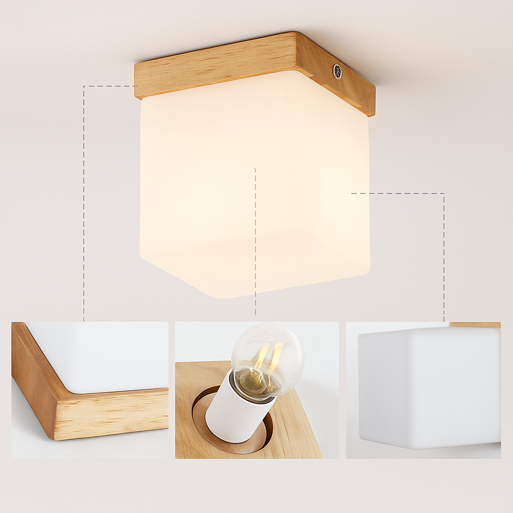 plafonnier led moderne en bois et verre laiteux décoratif