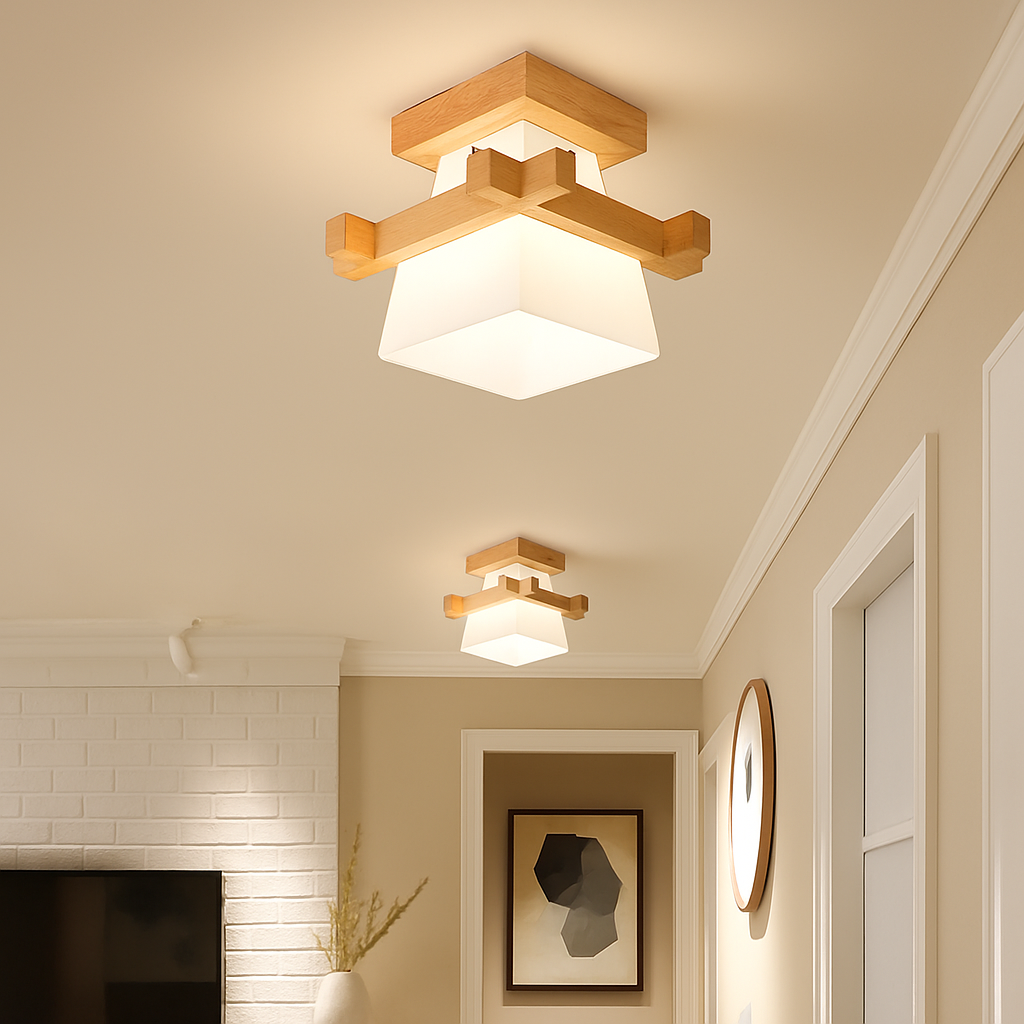 plafonnier led moderne en bois et verre laiteux décoratif