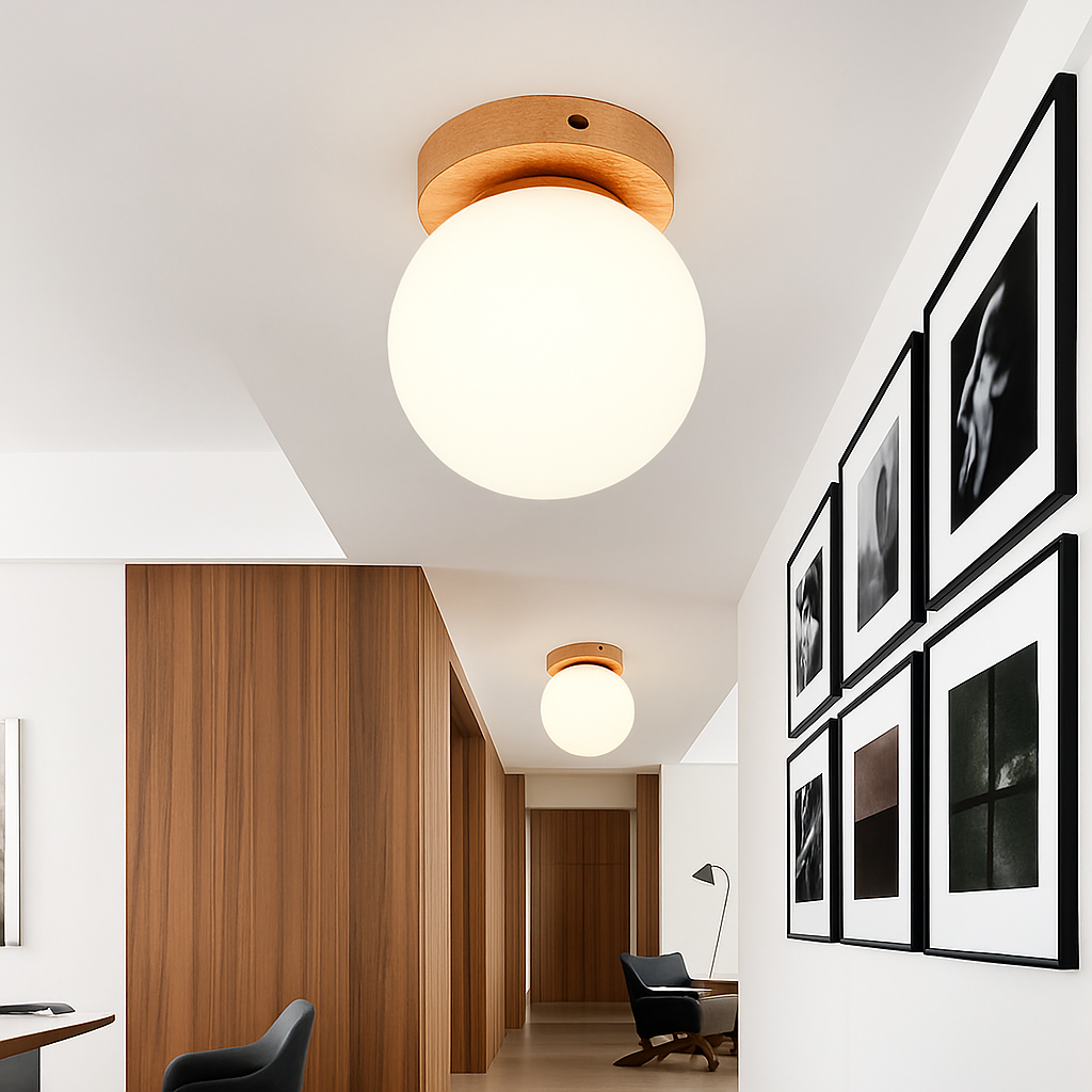 plafonnier led moderne en bois et verre laiteux décoratif