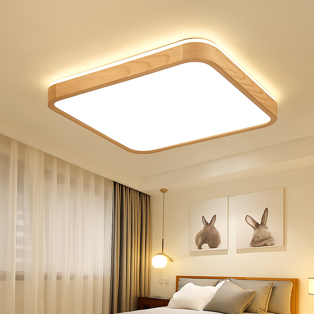 plafonnier led rond carré bois dimmable avec télécommande