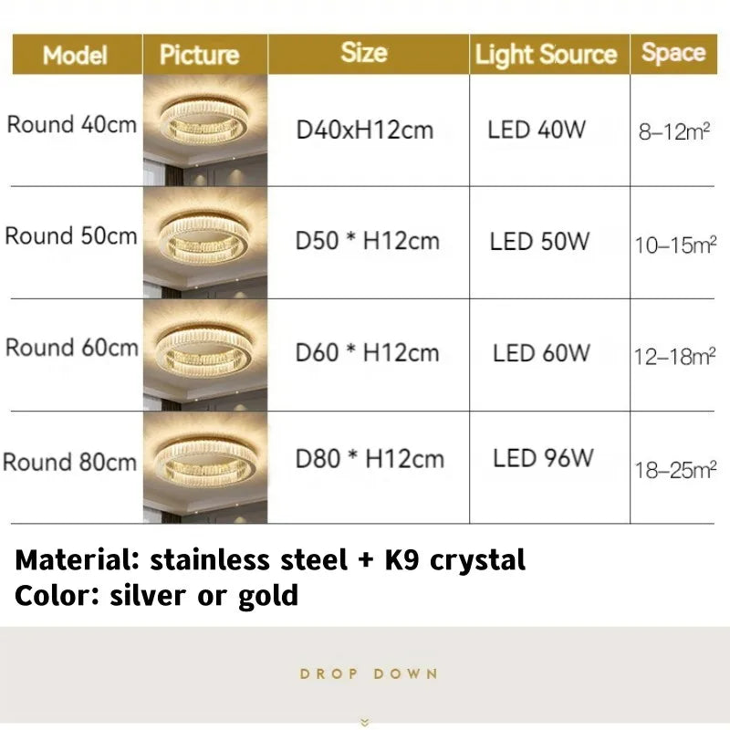 Plafonnier LED ronde en cristal pour chambre à coucher salon Foyer salle à manger moderne luxe en acier inoxydable plafonnier en cristal
