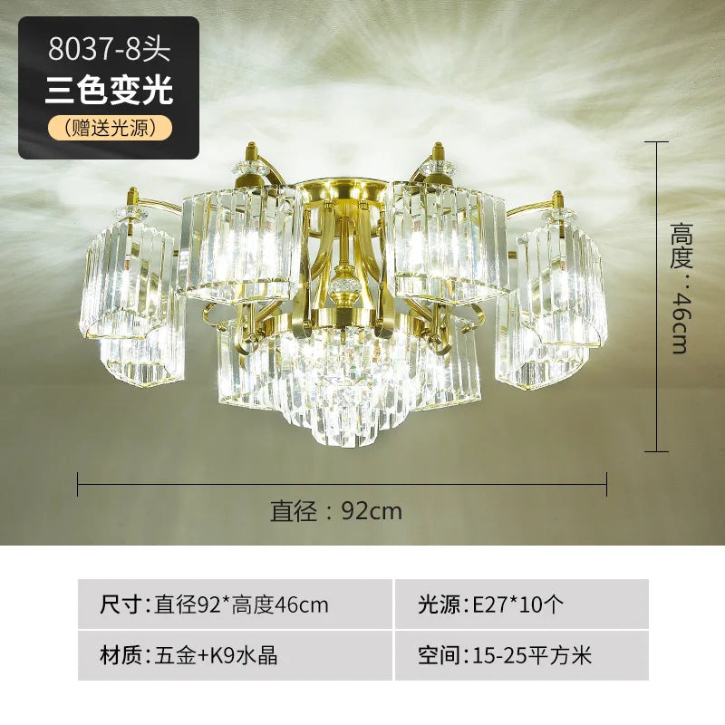 plafonnier moderne en cristal doré avec éclairage led trois couleurs