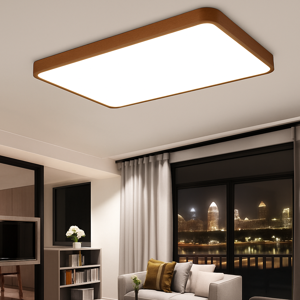 Plafonnier moderne LED en forme géométrique en bois Evelyn