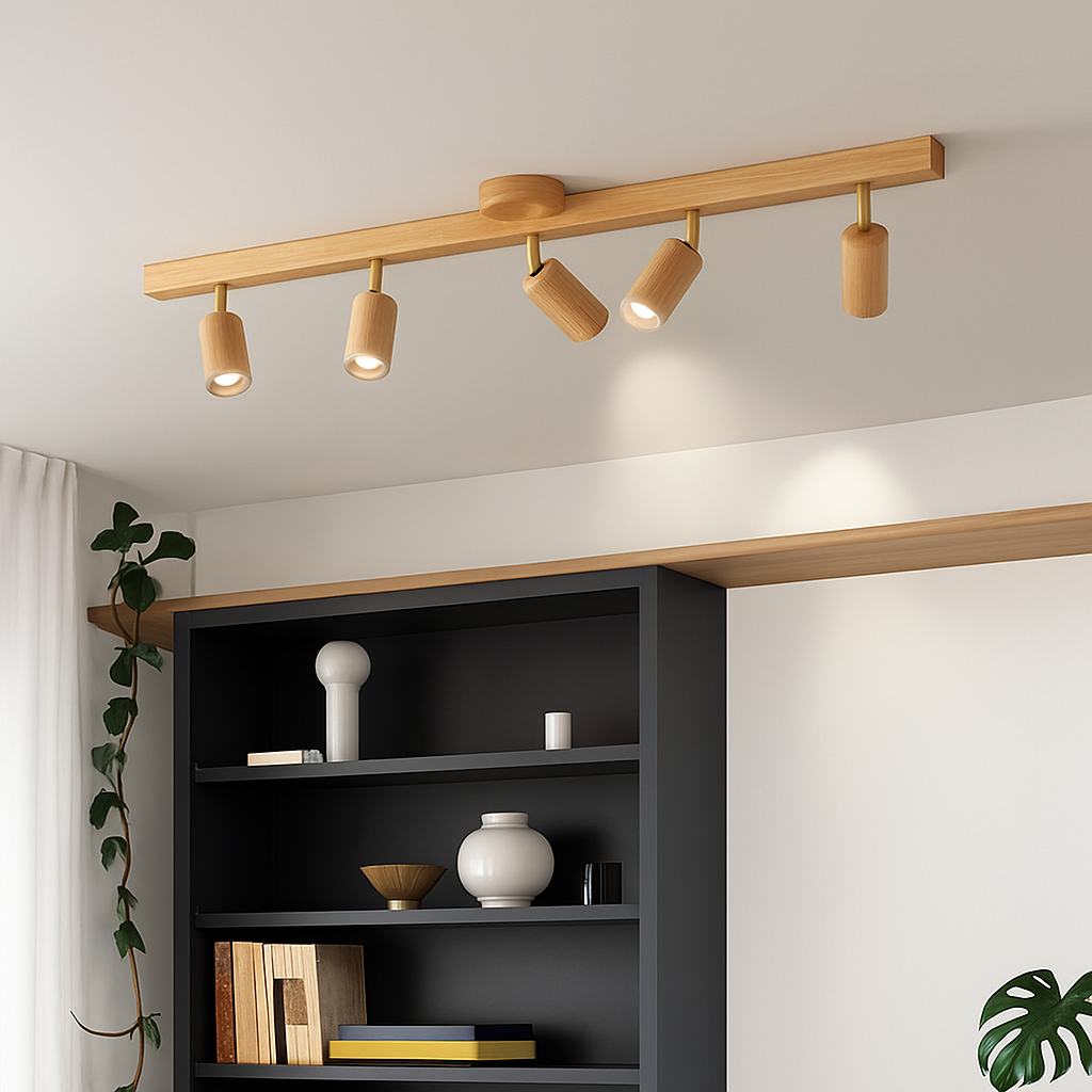 plafonnier nordique en bois avec projecteur rotatif réglable