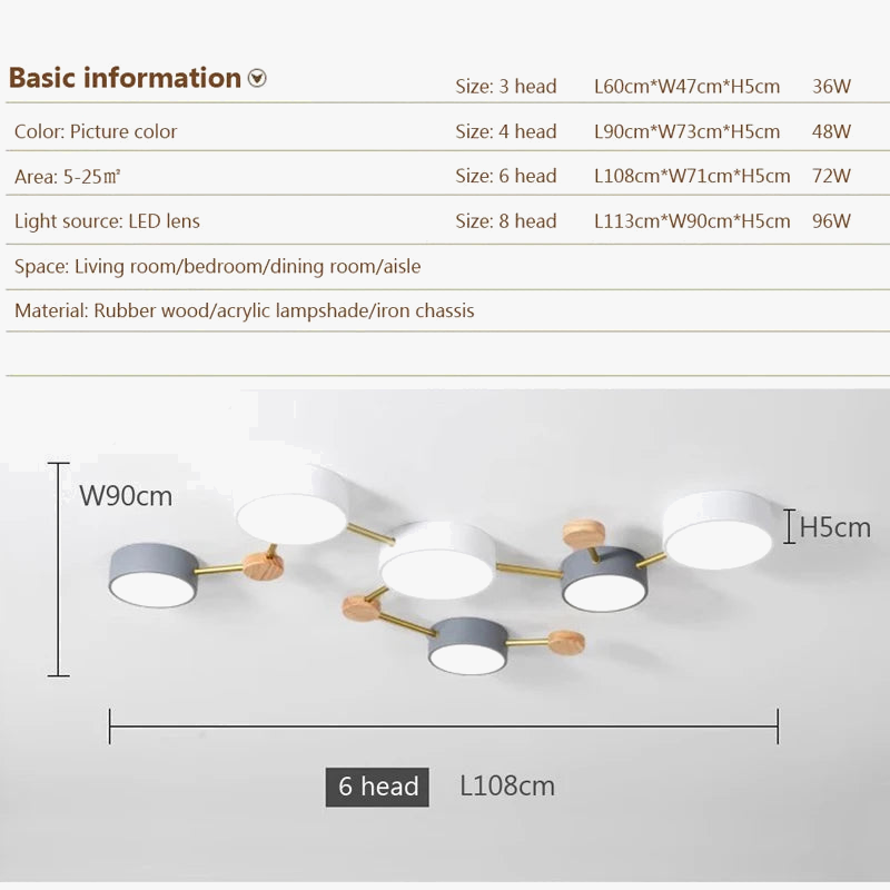plafonnier nordique led bois macaron 3-8 têtes éclairage décoratif
