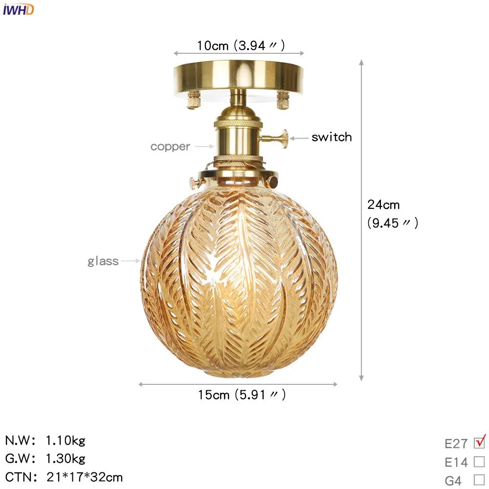 plafonnier nordique style cuivre avec abat-jour en verre