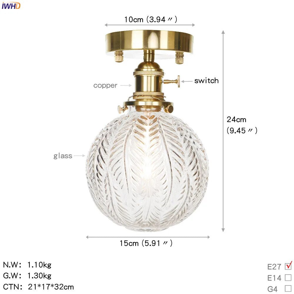 plafonnier nordique style cuivre avec abat-jour en verre