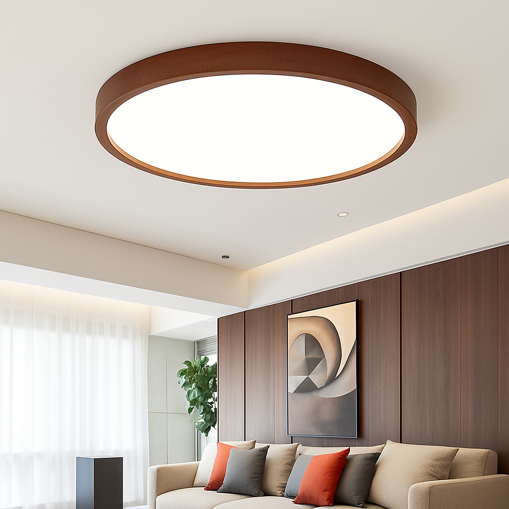 plafonnier rond en bois style nordique pour intérieur moderne